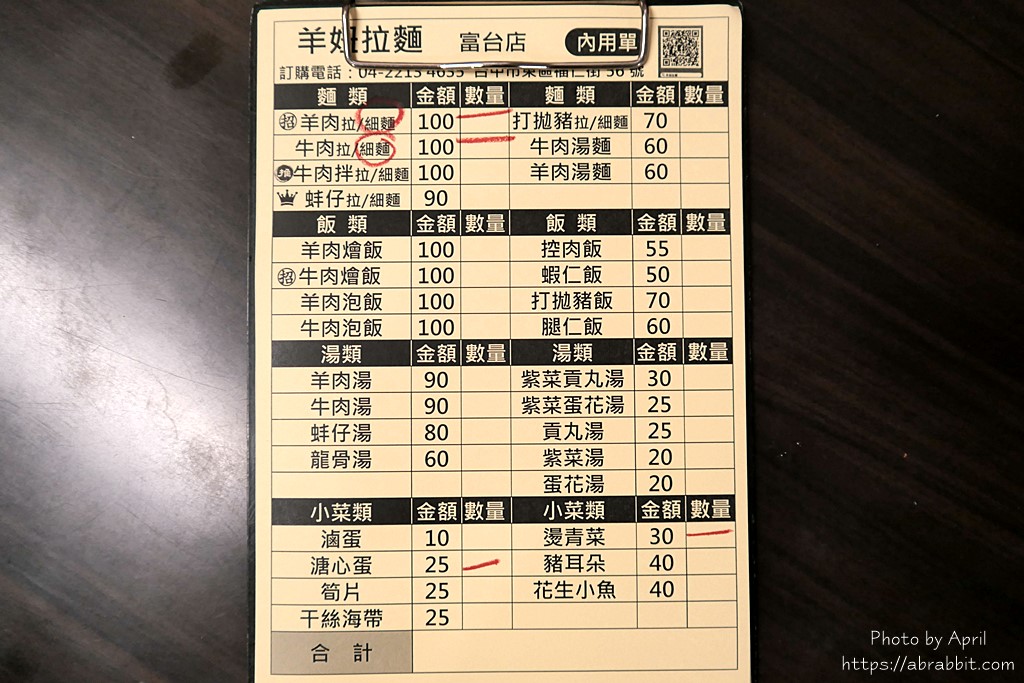 台中東區牛肉麵 羊妞拉麵 菜單